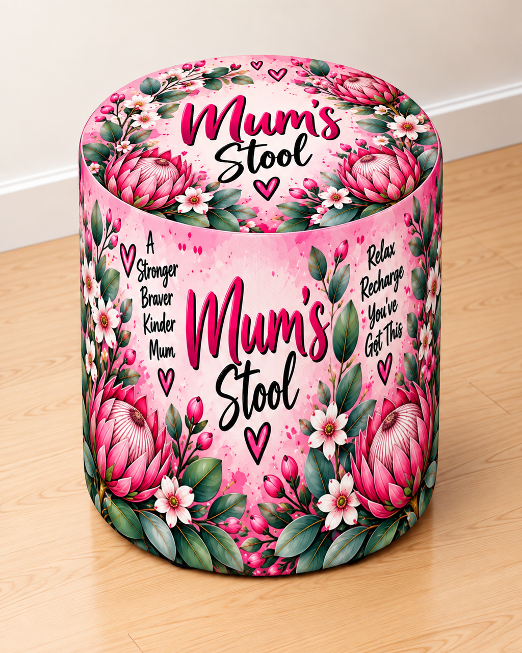 Mum’s Stool round printed ottoman featuring colourful decorative artwork created especially for Mum