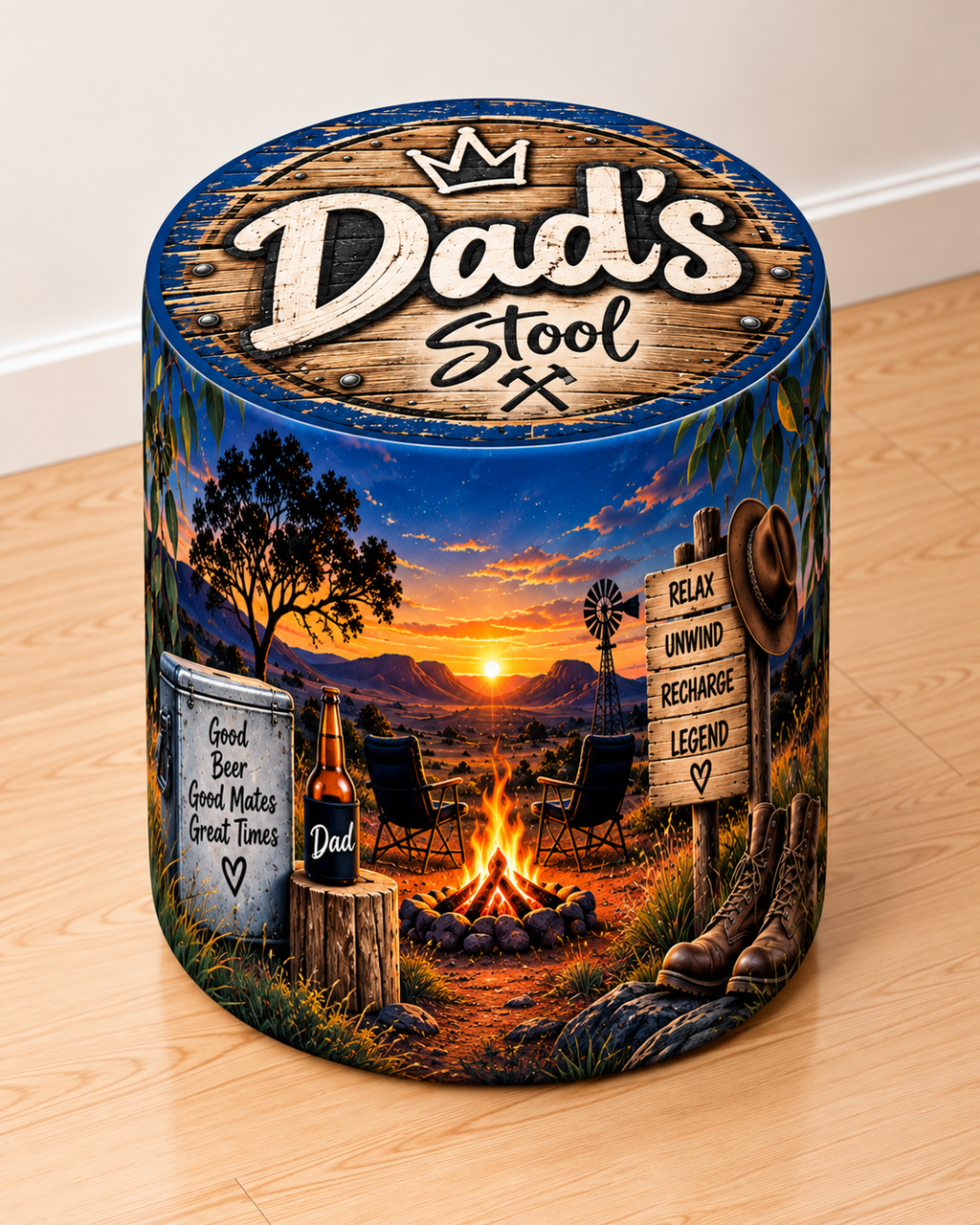 Dad’s Stool round printed ottoman featuring bold decorative artwork created especially for Dad
