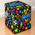 Colourful custom square printed ottoman personalised with the name Noah and a vibrant mixed-theme design