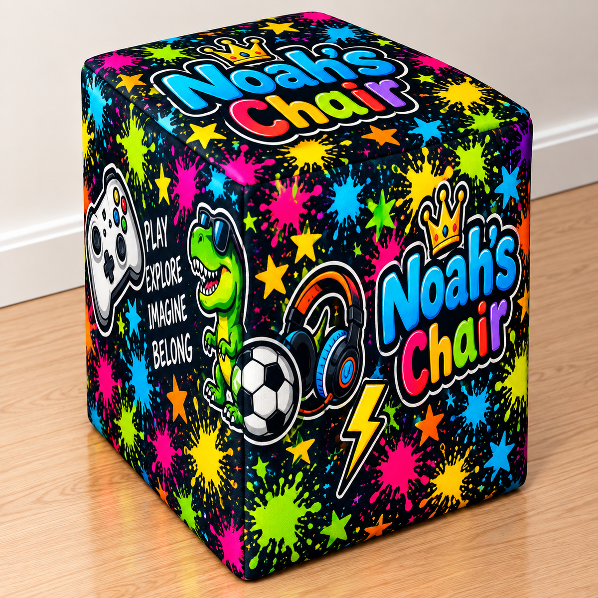 Colourful custom square printed ottoman personalised with the name Noah and a vibrant mixed-theme design
