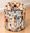 Custom round printed ottoman featuring Labrador photos and the personalised name Buzz