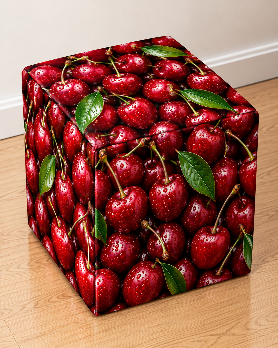 Cherry square printed ottoman covered in a vibrant pattern of glossy red cherries
