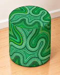 Blind Eye 001 round printed ottoman featuring flowing green abstract artwork