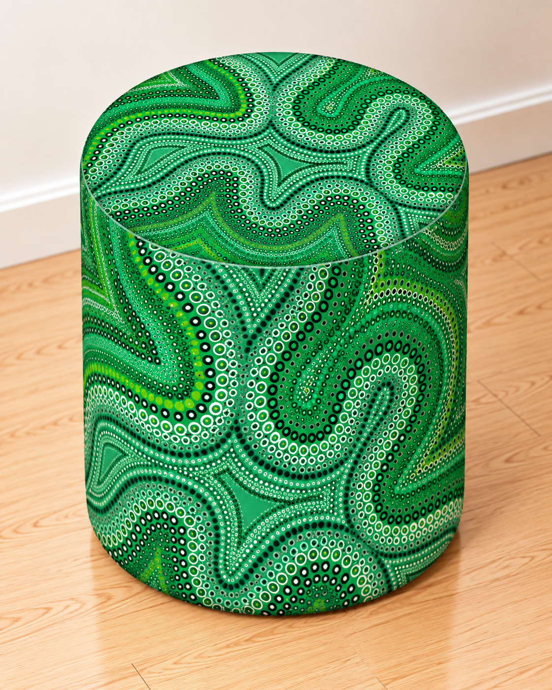 Blind Eye 001 round printed ottoman featuring flowing green abstract artwork