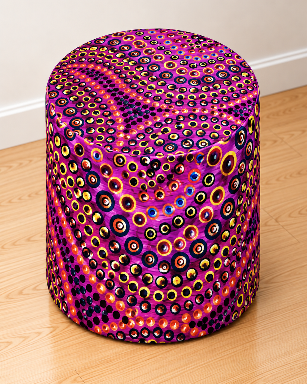 Blind Eye 002 round printed ottoman featuring vibrant pink and purple abstract artwork
