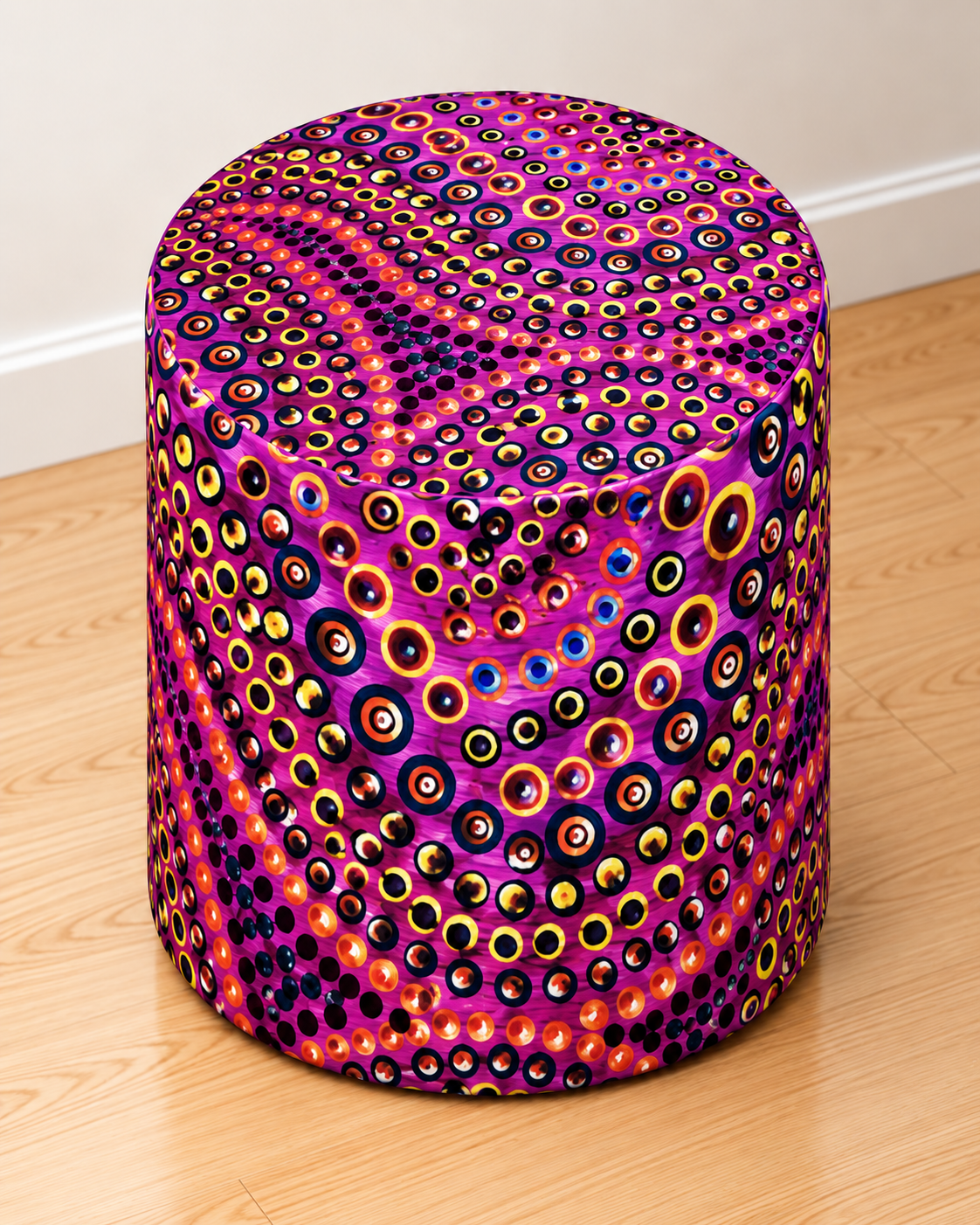 Blind Eye 002 round printed ottoman featuring vibrant pink and purple abstract artwork