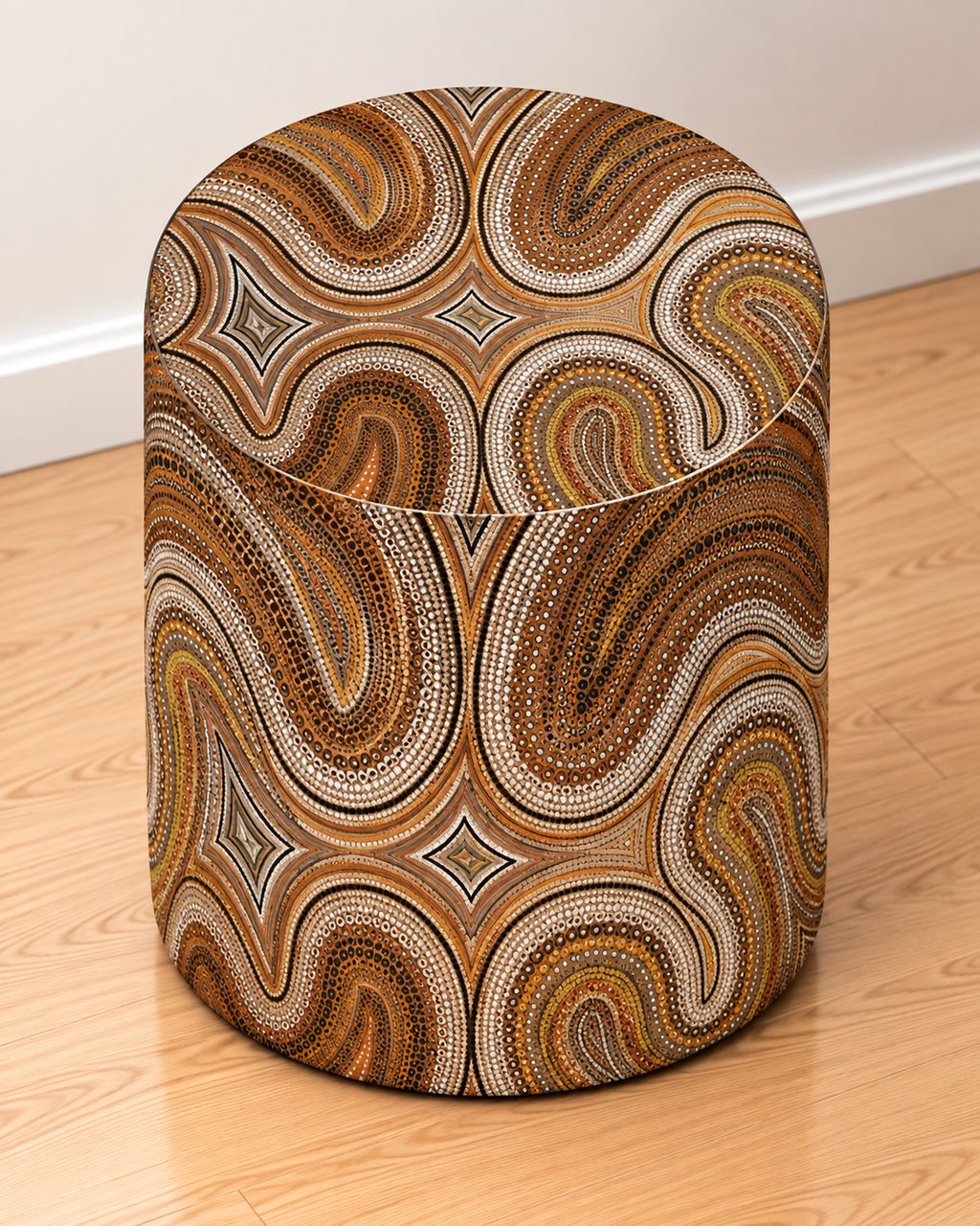 Blind Eye 004 round printed ottoman featuring warm brown and ochre abstract artwork