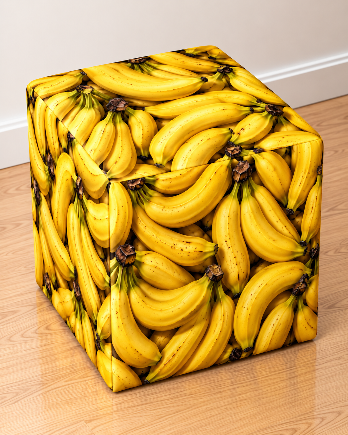 Banana square printed ottoman covered in a vibrant pattern of yellow bananas
