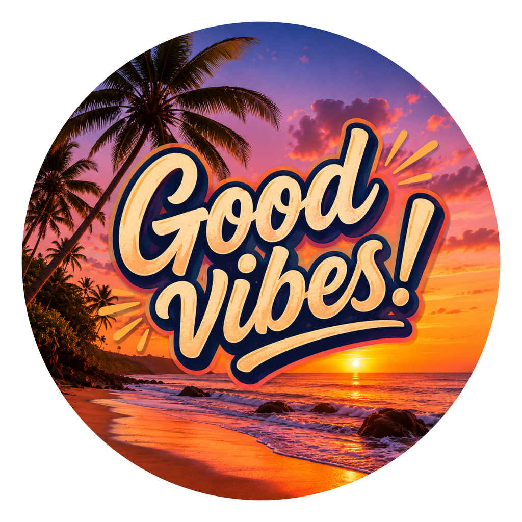 Good Vibes round printed ottoman top artwork