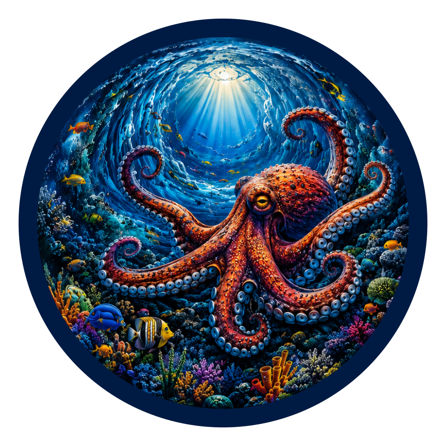 Underwater Octopus round printed ottoman top artwork