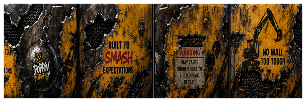 Side artwork for the Demolition square printed ottoman featuring rugged demolition machinery and distressed textures