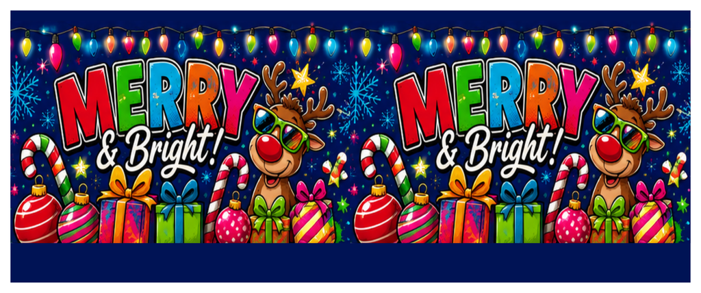 Side wrap artwork for the Merry and Bright Xmas round printed ottoman featuring colourful festive graphics