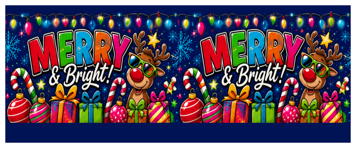 Side wrap artwork for the Merry and Bright Xmas round printed ottoman featuring colourful festive graphics