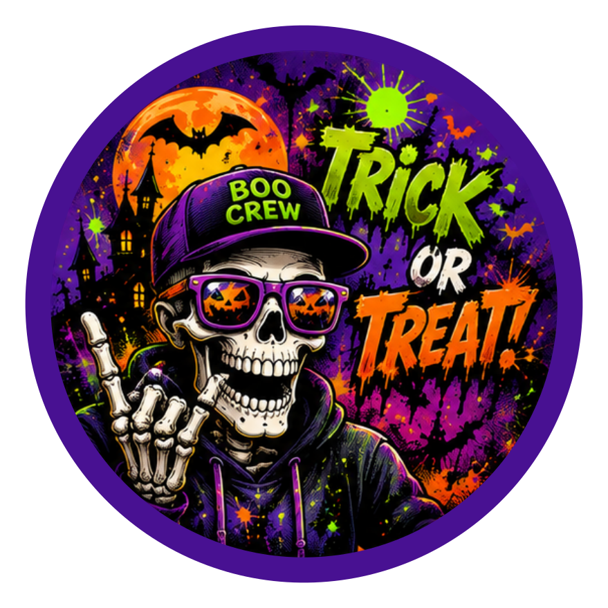 Top artwork for the Halloween Graffiti Skeleton round printed ottoman featuring spooky graffiti artwork