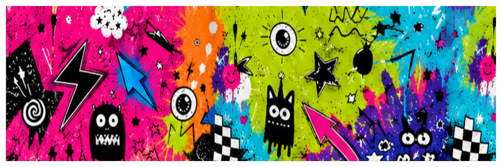 Side wrap artwork for the Colour Crash square printed ottoman featuring bright graffiti patterns and paint splashes