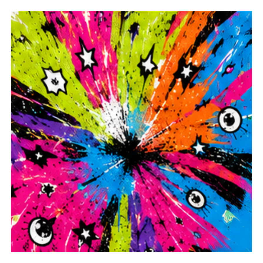 Top artwork for the Colour Crash square printed ottoman featuring a colourful neon paint-splatter design
