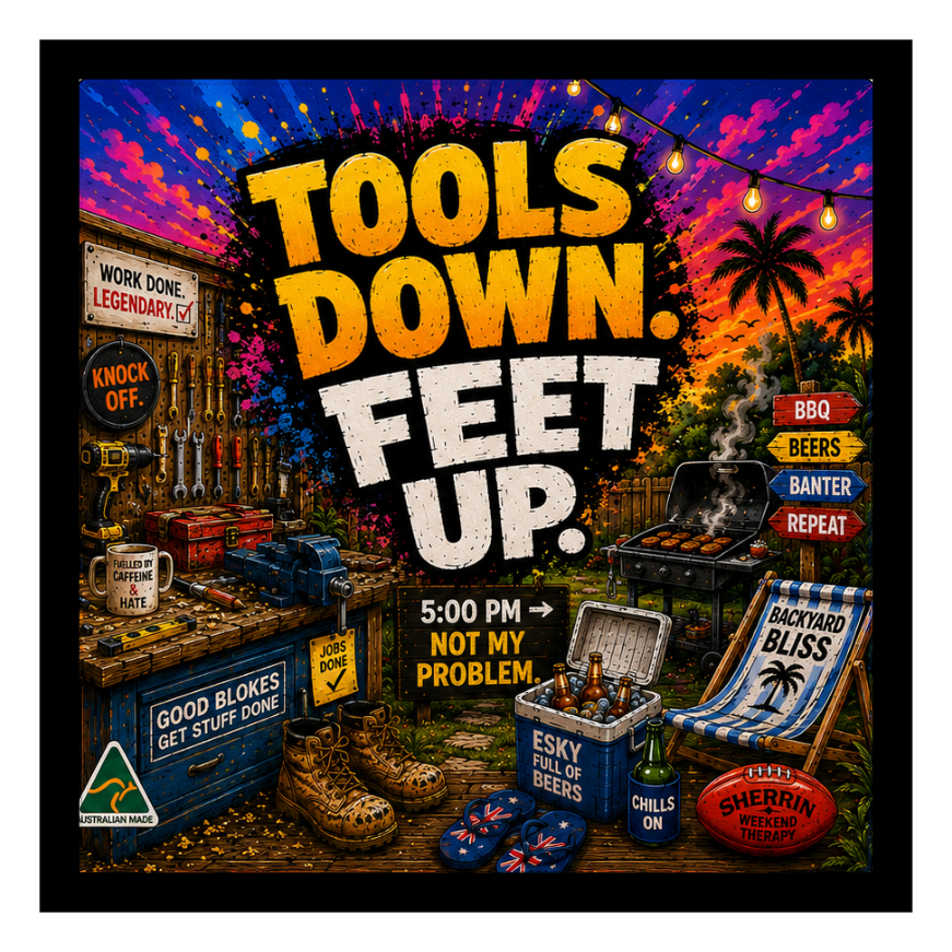 Tools Down, Feet Up square printed ottoman top artwork