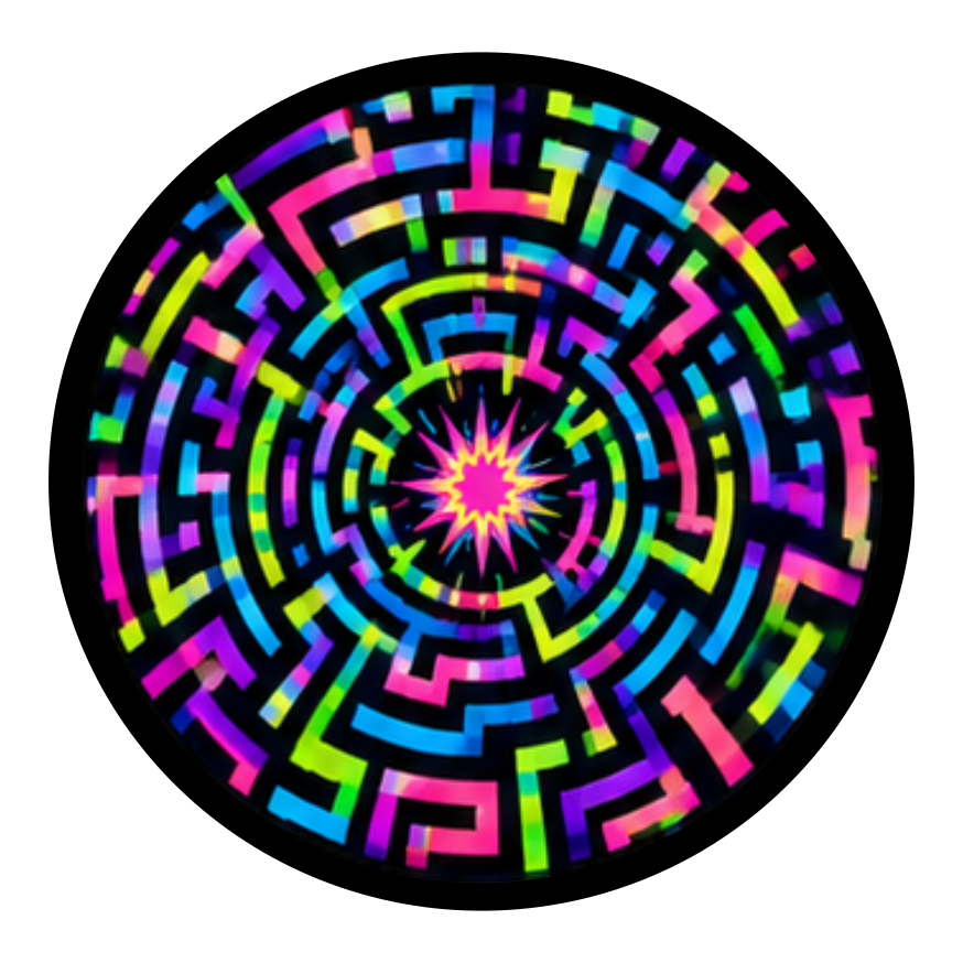 Top artwork for the Neon Maze round printed ottoman featuring a vivid neon geometric maze pattern