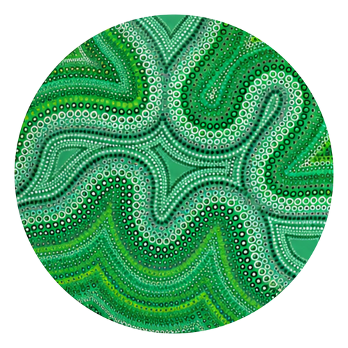 Top artwork for the Blind Eye 001 round printed ottoman featuring an intricate green abstract pattern
