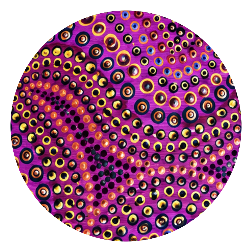 Top artwork for the Blind Eye 002 round printed ottoman featuring an intricate pink and purple pattern