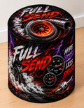 Full Send round printed ottoman featuring a bold high-energy motorsport-inspired design