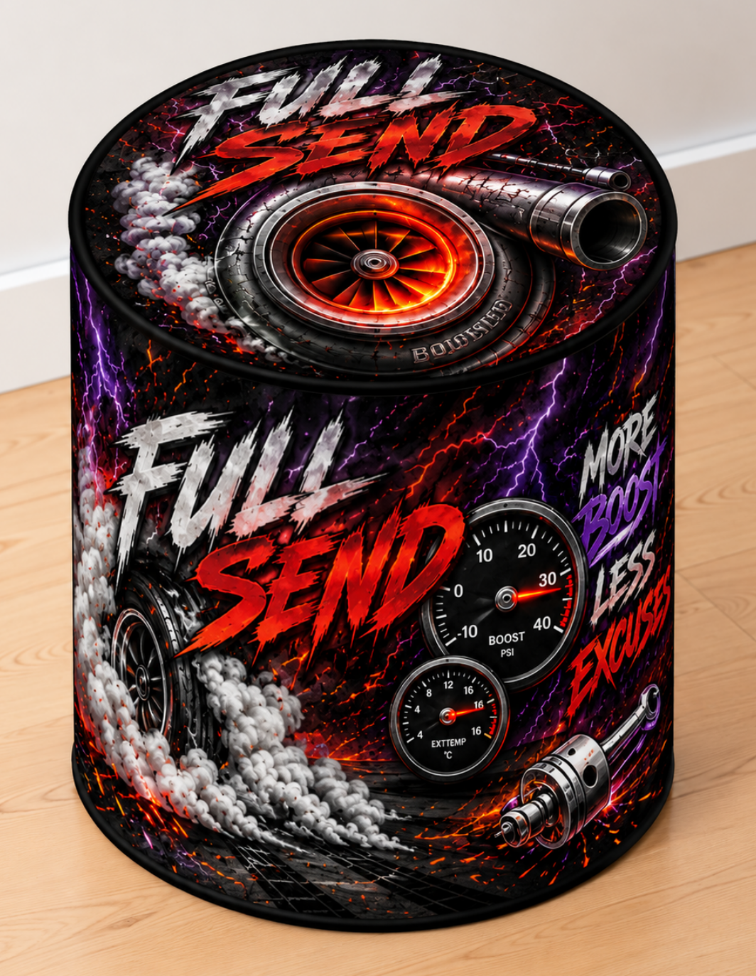 Full Send round printed ottoman featuring a bold high-energy motorsport-inspired design