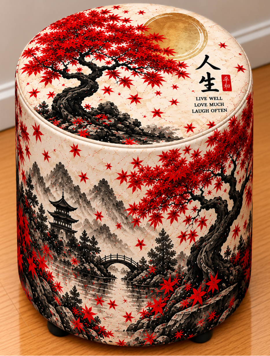 Zen Maple round printed ottoman featuring red maple leaves, black branches and ink-inspired botanical details
