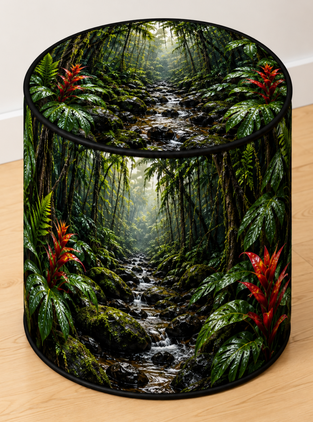 Rainforest round printed ottoman featuring deep green foliage, moss-covered trees and lush botanical details