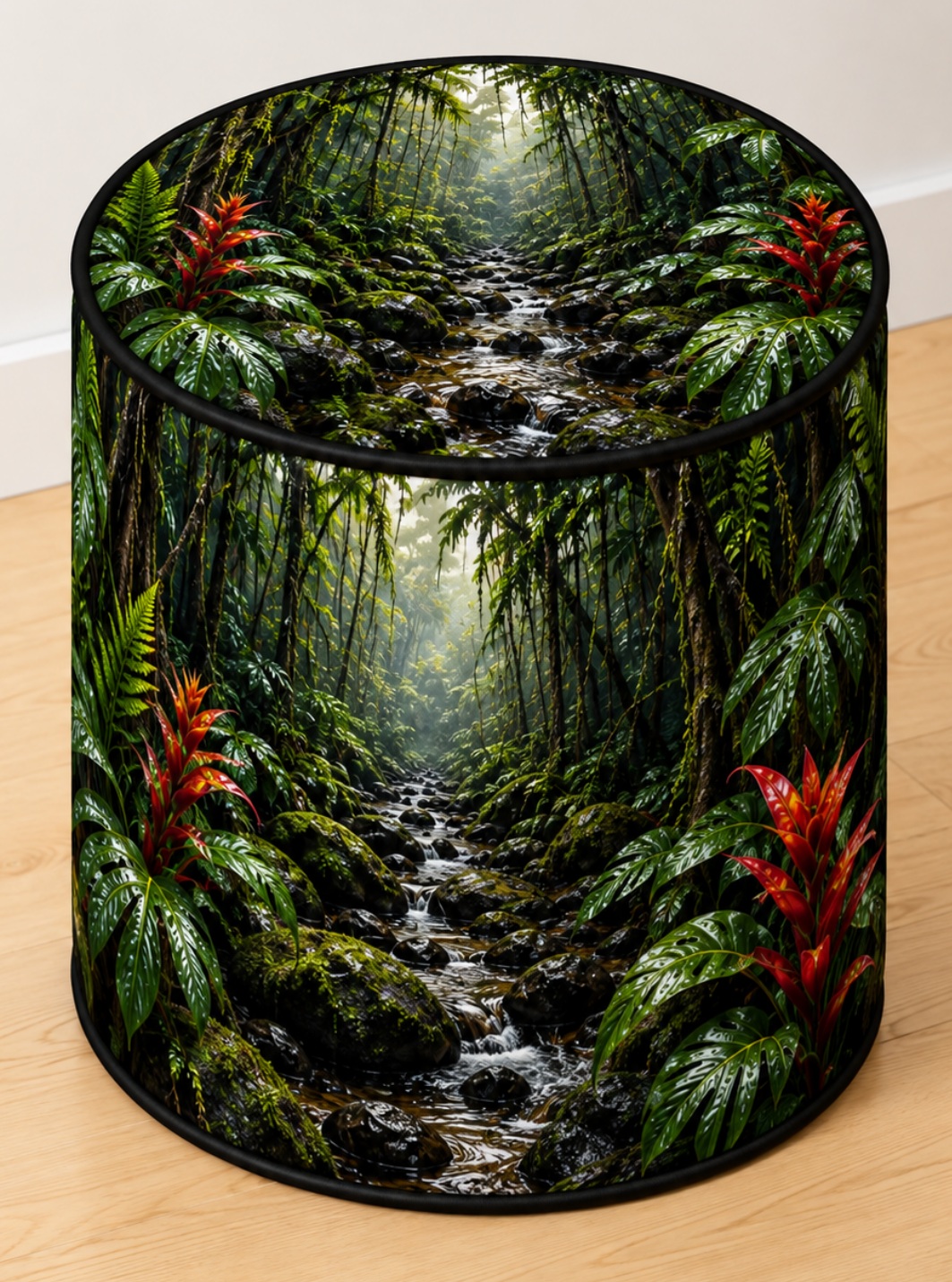 Rainforest round printed ottoman featuring deep green foliage, moss-covered trees and lush botanical details